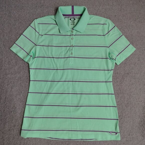 Oakley Tops - Oakley Striped Polo Shirt Womens Size Large Mint Purple Polyester Golf